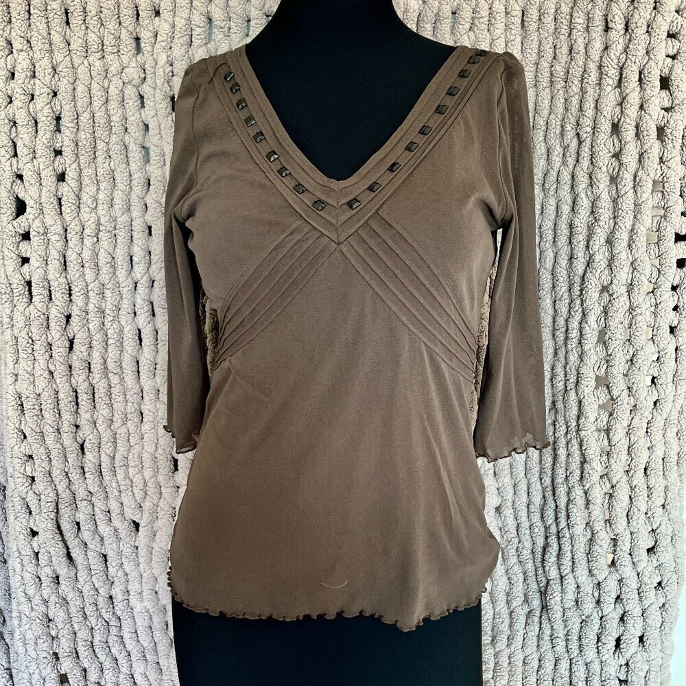 Olsen Brown Embellished V-Neck Blouse – Size Medium